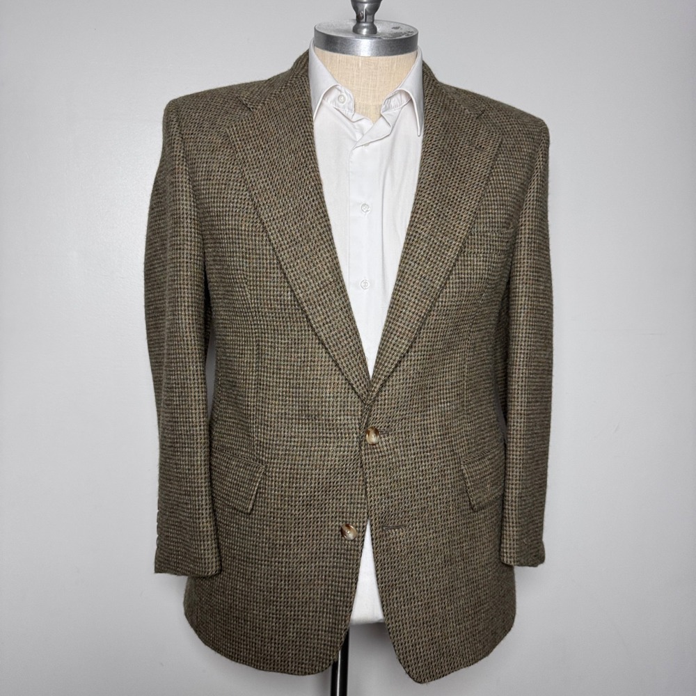 Palm Beach Sport Coat Mens 40L Brown Tweed Houndstooth Wool Vintage Blazer